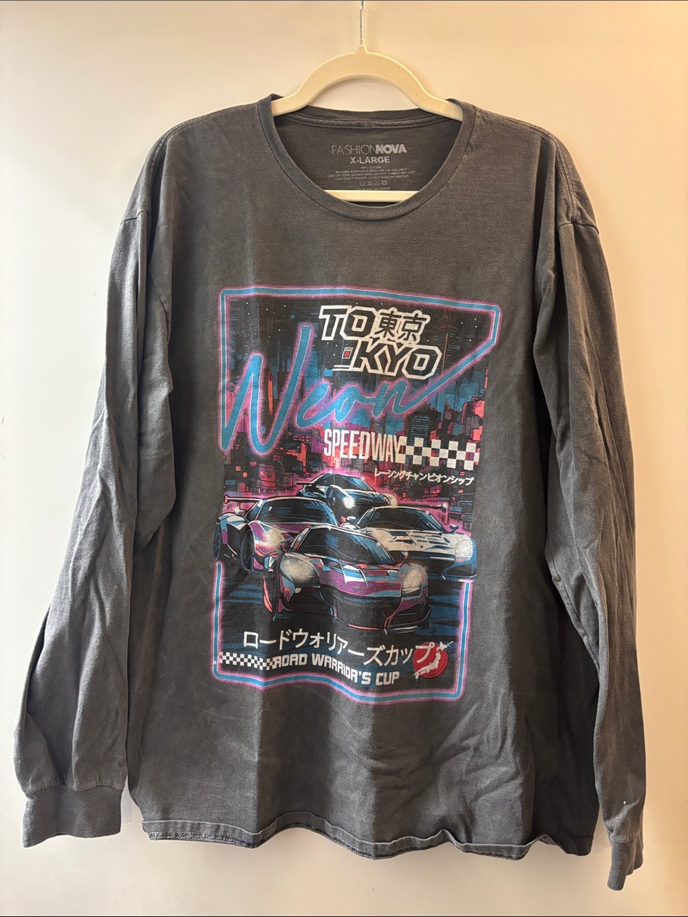 Fashion Nova Gray Neon Tokyo Speedway Long Sleeve Tee